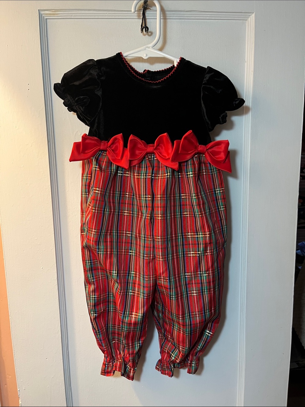 Good Lad Black Velvet Top with Red Tartan Bow Romper
